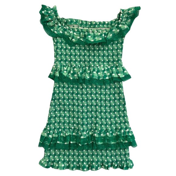 Tularosa Teri Gingham Plaid Smocked Bodycon Mini Dress Green Small Ruffle Peplum - Picture 2 of 9